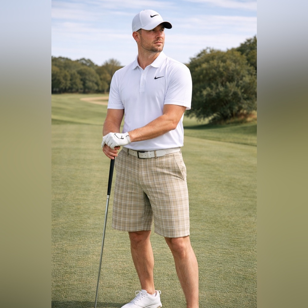 Nike Men's Plaid Shorts in Tan, White & Navy